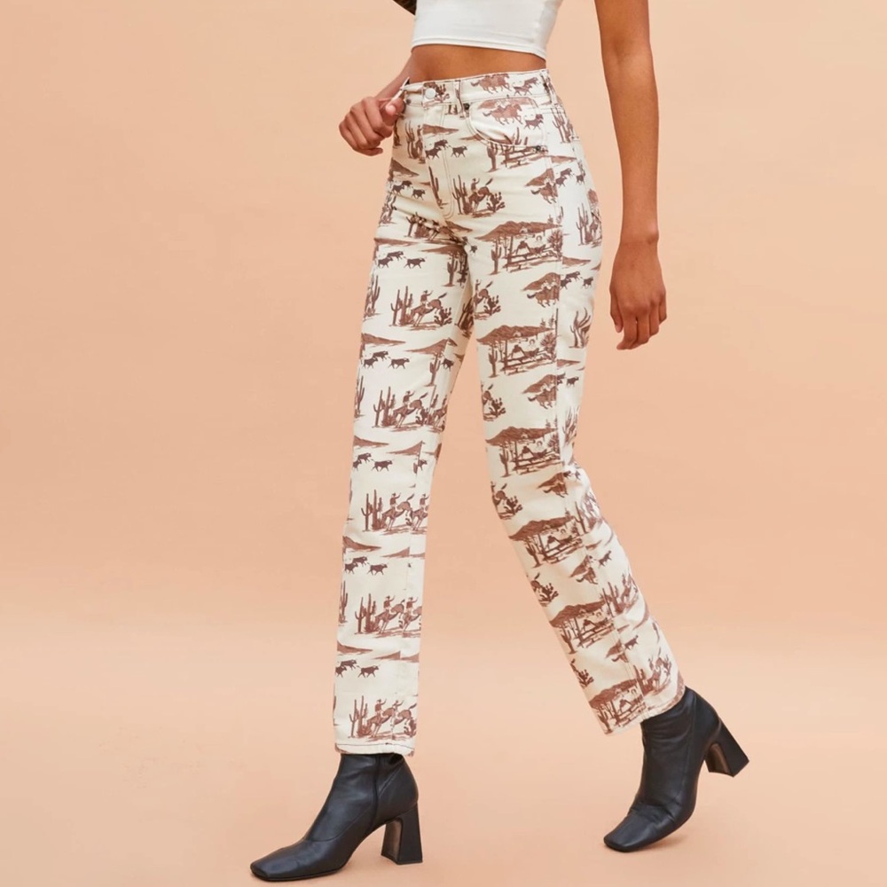 Reformation Brown and White Straight Leg Pants with Western Print